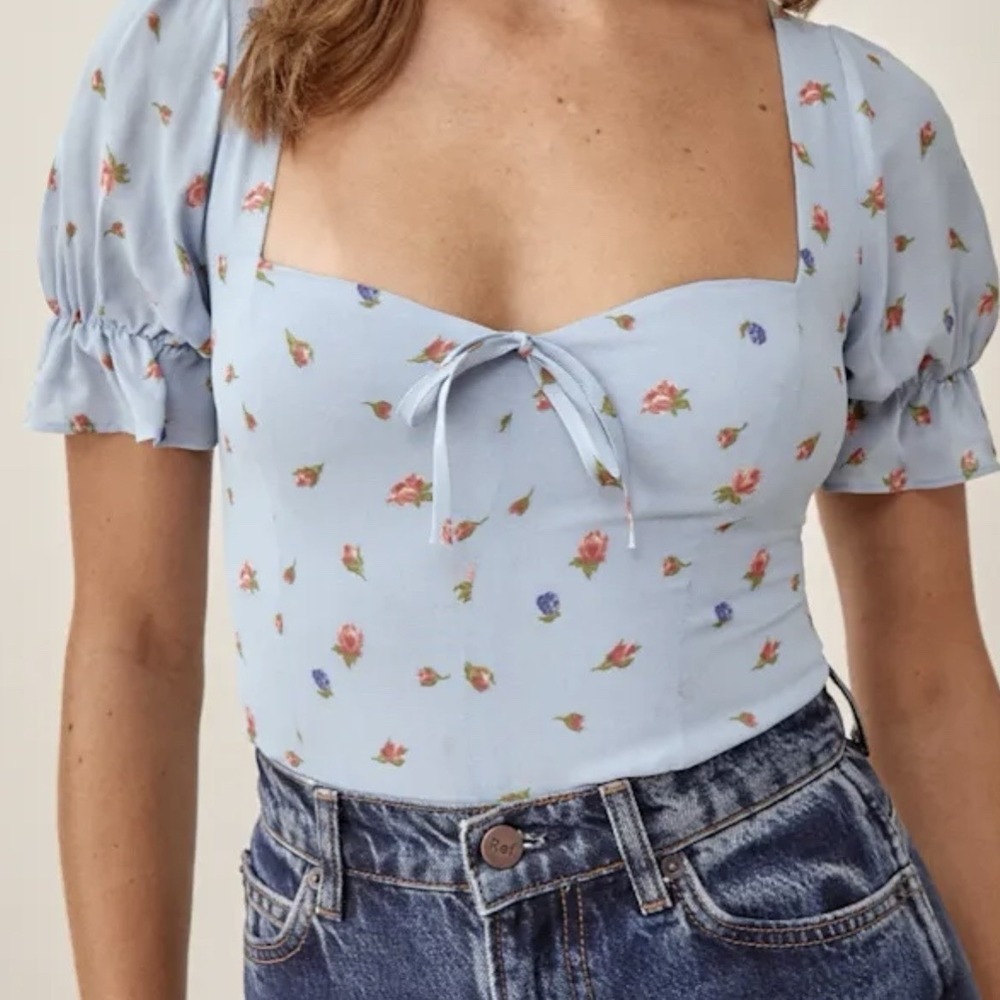 Reformation Blouse Womens 6 Blue Floral V Neck Puff Sleeve Smocked Back Top